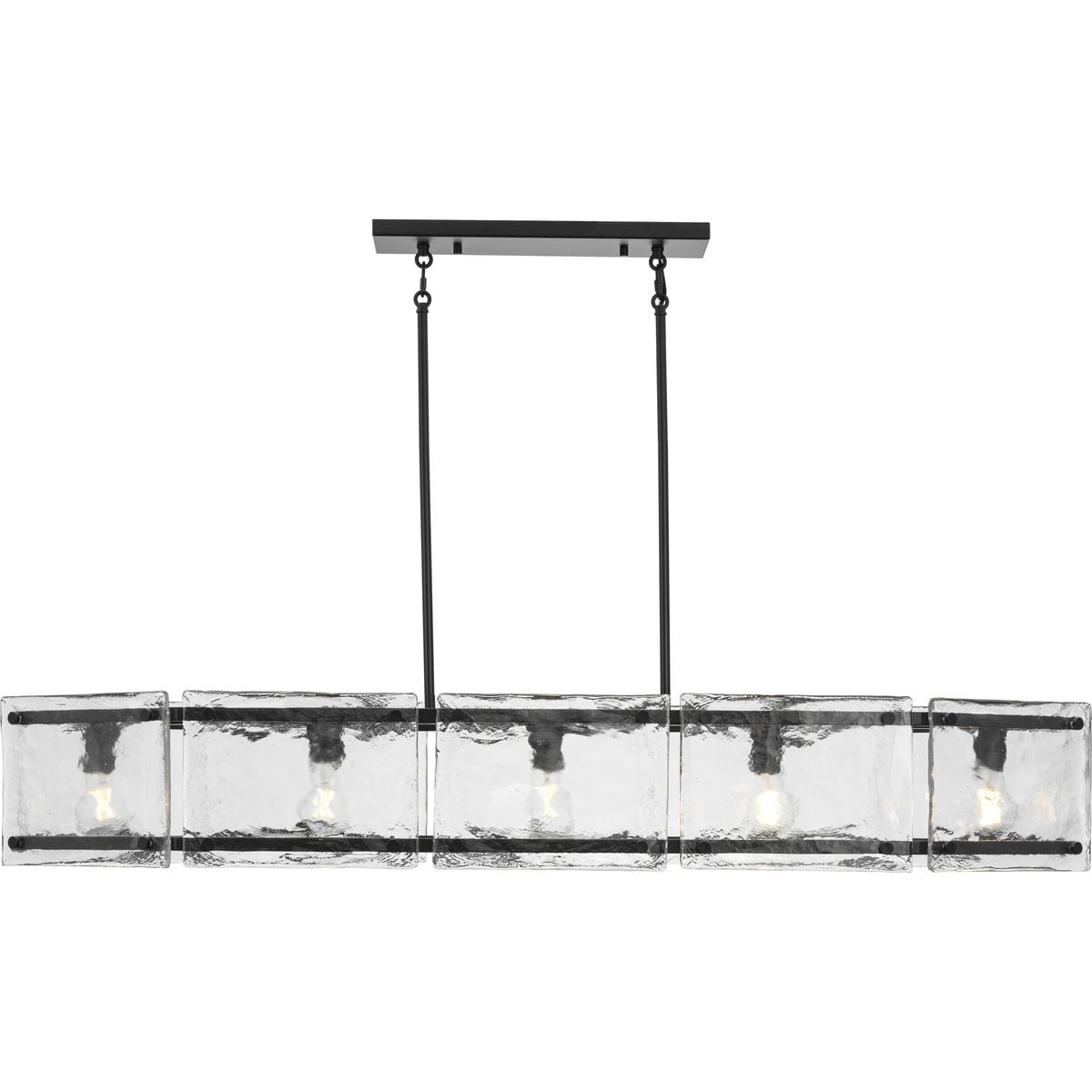 Progress Lighting Rivera 5-Light Matte Black Craftsman Textured Glass Linear Large Hanging Kitchen Island Light