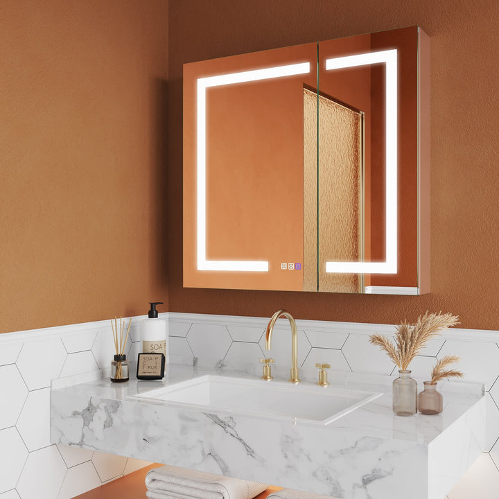 ExBrite Opale 32-in x 30-in Lighted LED Fog Free Surface/Recessed Mount Silver- 30"h Mirrored Soft Close Medicine Cabinet with Outlet