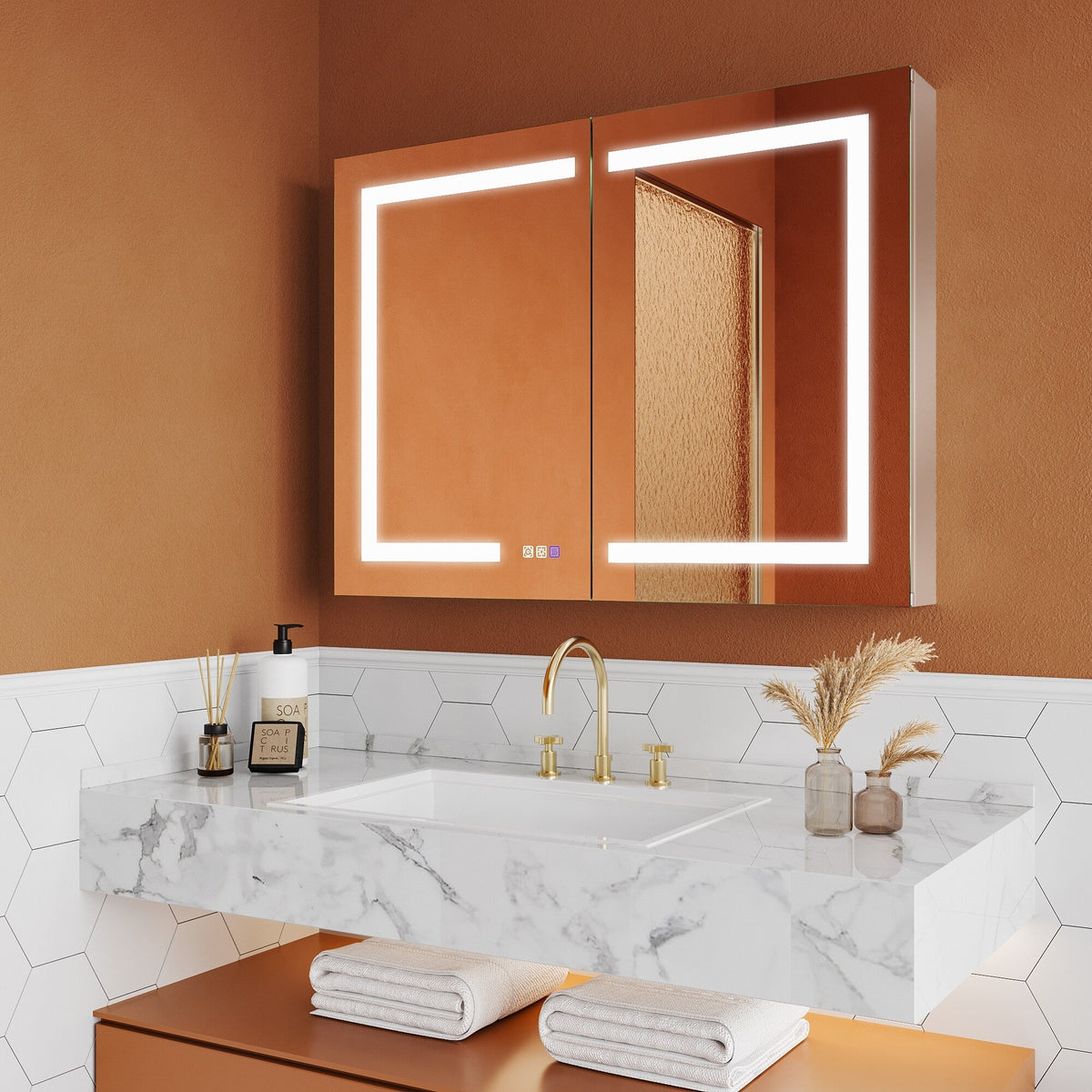 ExBrite 40-in x 30-in Lighted LED Fog Free Surface/Recessed Mount Silver Mirrored Soft Close Medicine Cabinet with Outlet