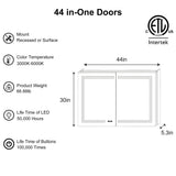 ExBrite Opale 44-in x 30-in Lighted LED Fog Free Surface/Recessed Mount Silver- 30"h Mirrored Soft Close Medicine Cabinet with Outlet