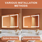 ExBrite Opale 44-in x 30-in Lighted LED Fog Free Surface/Recessed Mount Silver- 30"h Mirrored Soft Close Medicine Cabinet with Outlet