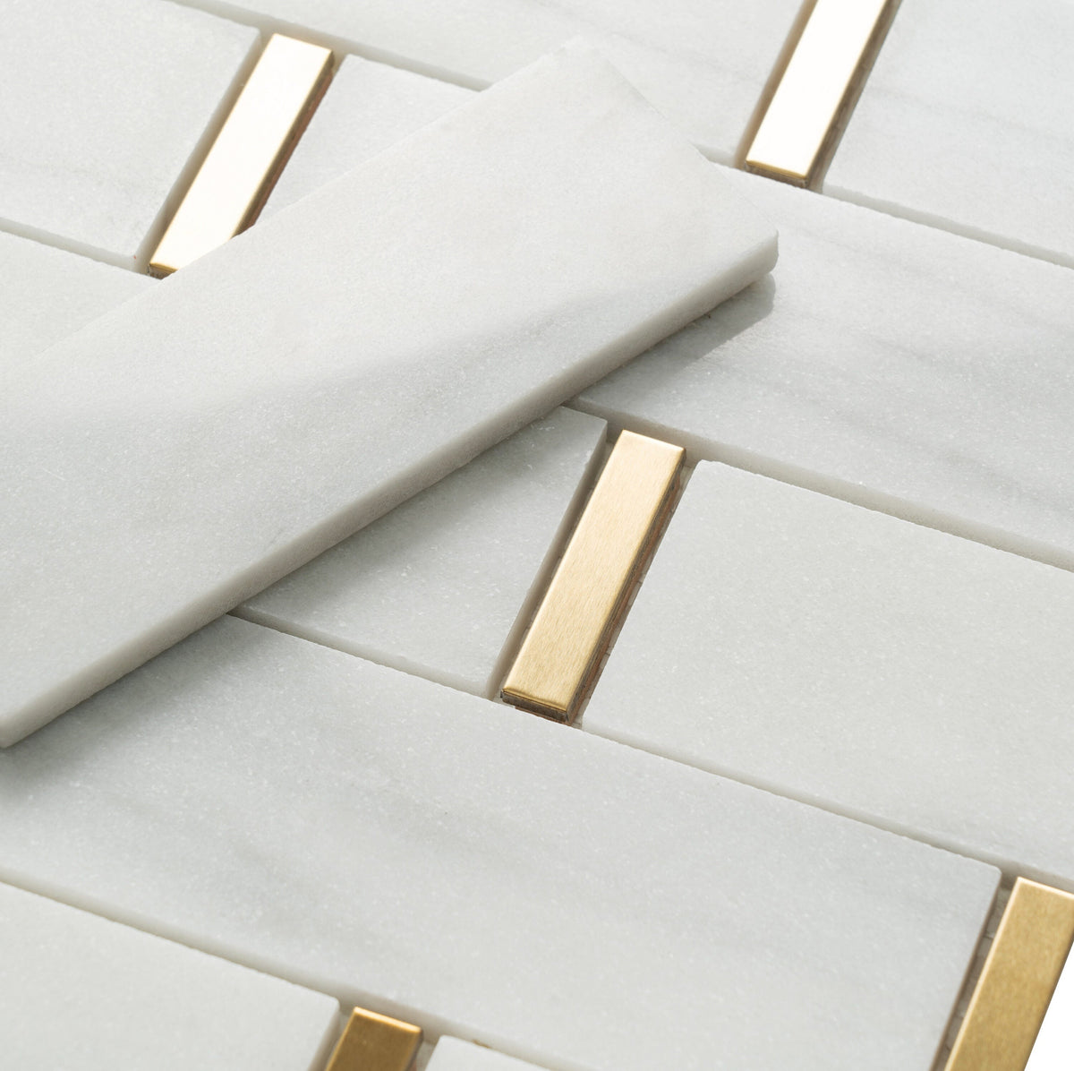 Giorbello (Sample) Marble and Mosaic White and Gray 2-in x 10-in Polished Marble Brick Marble Look Tile
