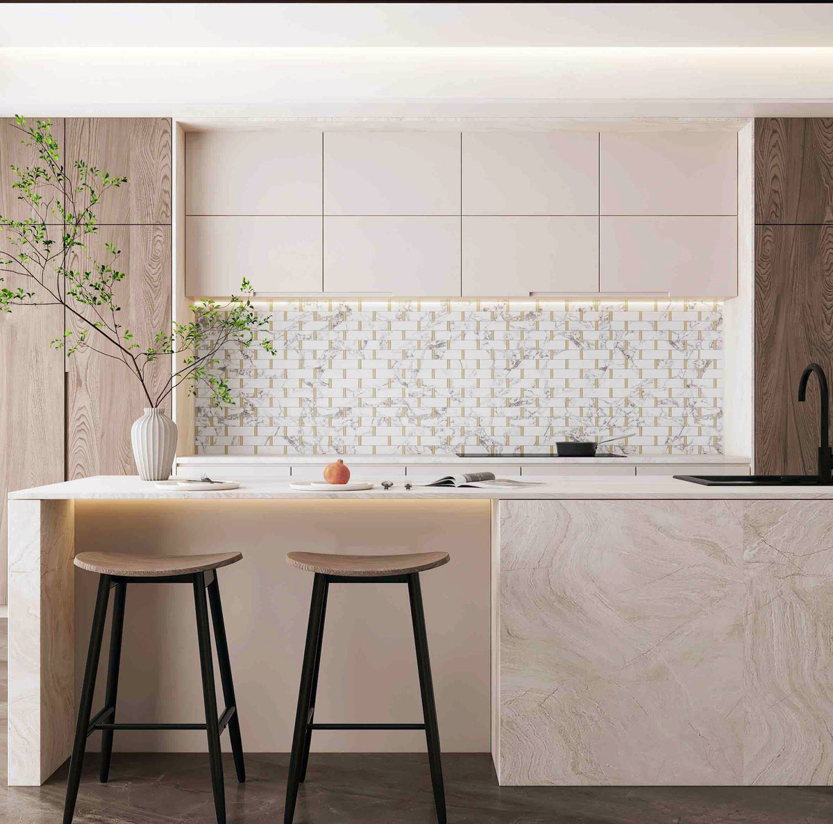 Giorbello (Sample) Marble and Mosaic White and Gray 2-in x 10-in Polished Marble Brick Marble Look Tile