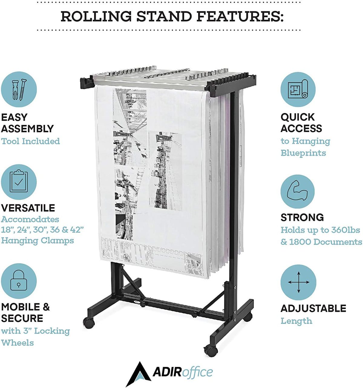 AdirOffice Expandable Blueprint Mobile Plan Center, Black