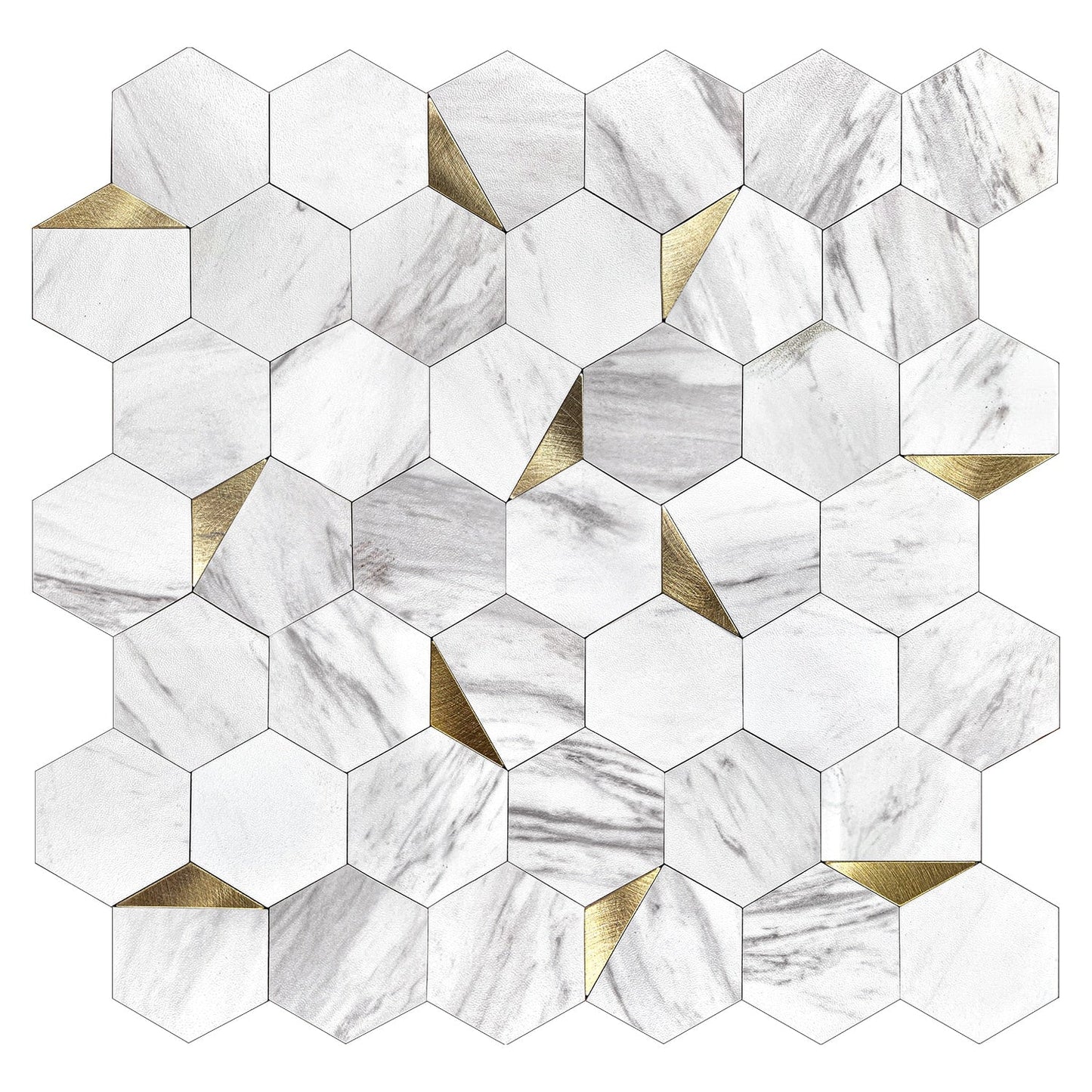 Murella Metal White carrera with gold metal accents 11-1/4-in x 11-1/4-in Multi-finish Metal Marble look Hexagon Peel and stick Mosaic Wall Tile product image