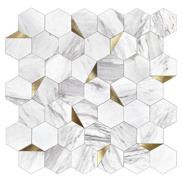 Murella Metal White carrera with gold metal accents 11-1/4-in x 11-1/4-in Multi-finish Metal Marble look Hexagon Peel and stick Mosaic Wall Tile product image