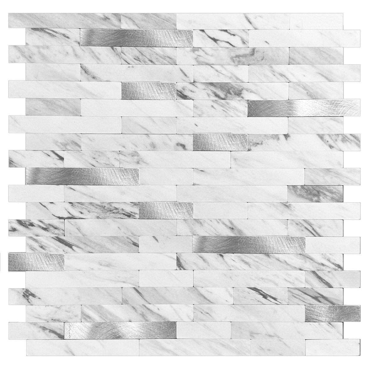 Murella Metal Carrera Marble with silver metal accents 11-1/2-in x 11-7/8-in Multi-finish Metal Marble look Linear Peel and stick Mosaic Wall Tile product image