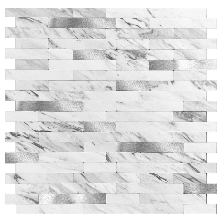 Murella Metal Carrera Marble with silver metal accents 11-1/2-in x 11-7/8-in Multi-finish Metal Marble look Linear Peel and stick Mosaic Wall Tile product image