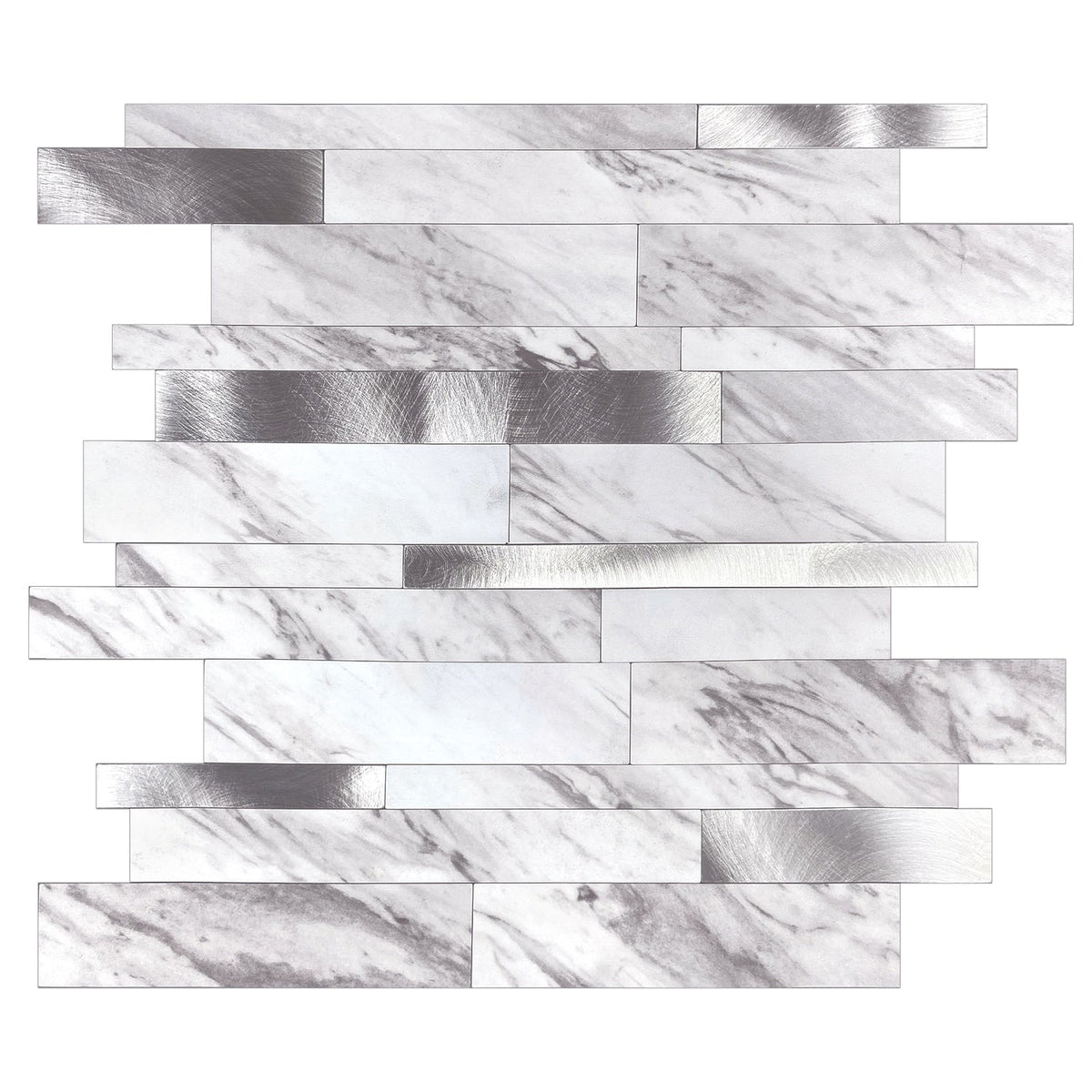 Murella Metal White carrera marble with silver metal accents 11-7/8-in x 11-7/8-in Multi-finish Metal Marble look Multi-shaped Peel and stick Mosaic Wall Tile product image