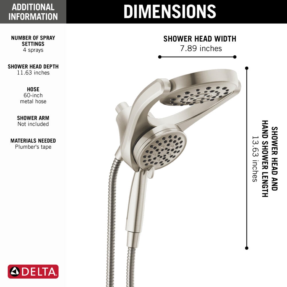 Delta HydroRain SpotShield Brushed Nickel 4-Spray Two-in-One Dual Shower Head, 2.5 GPM (9.5 LPM), 6-in Raincan, 60-in Hose