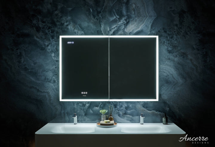 Ancerre Designs Pagani 36-in x 32-in Lighted LED Fog Free Surface/Recessed Mount Black Mirrored Soft Close Medicine Cabinet with Outlet