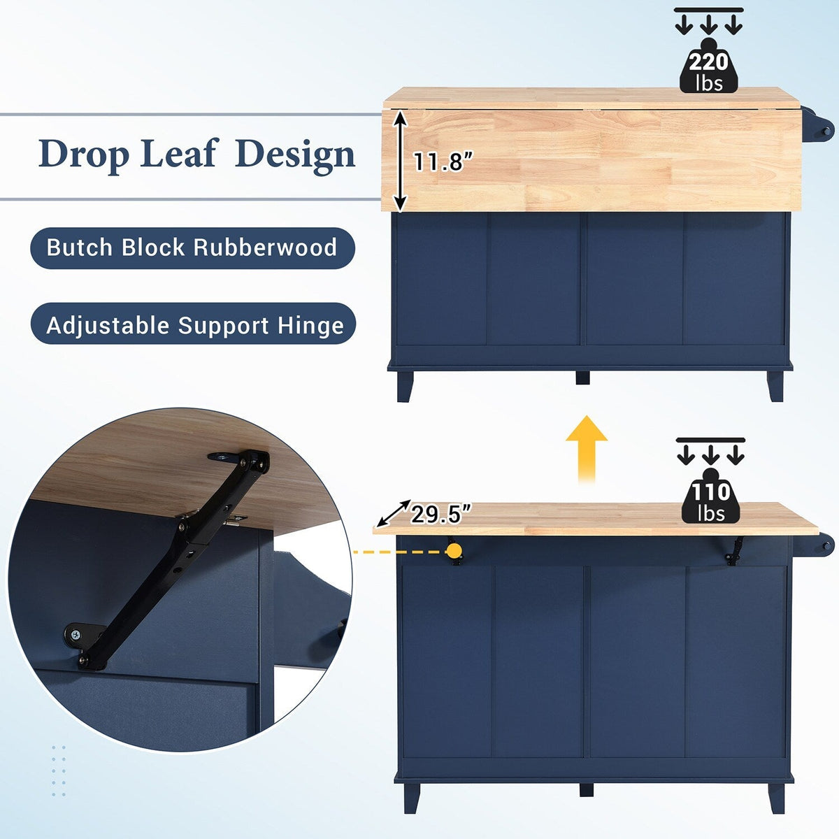 SINOFURN Blue Mdf Base with Wood Top Rolling Kitchen Cart (29.5-in x 47.6-in x 36.6-in)