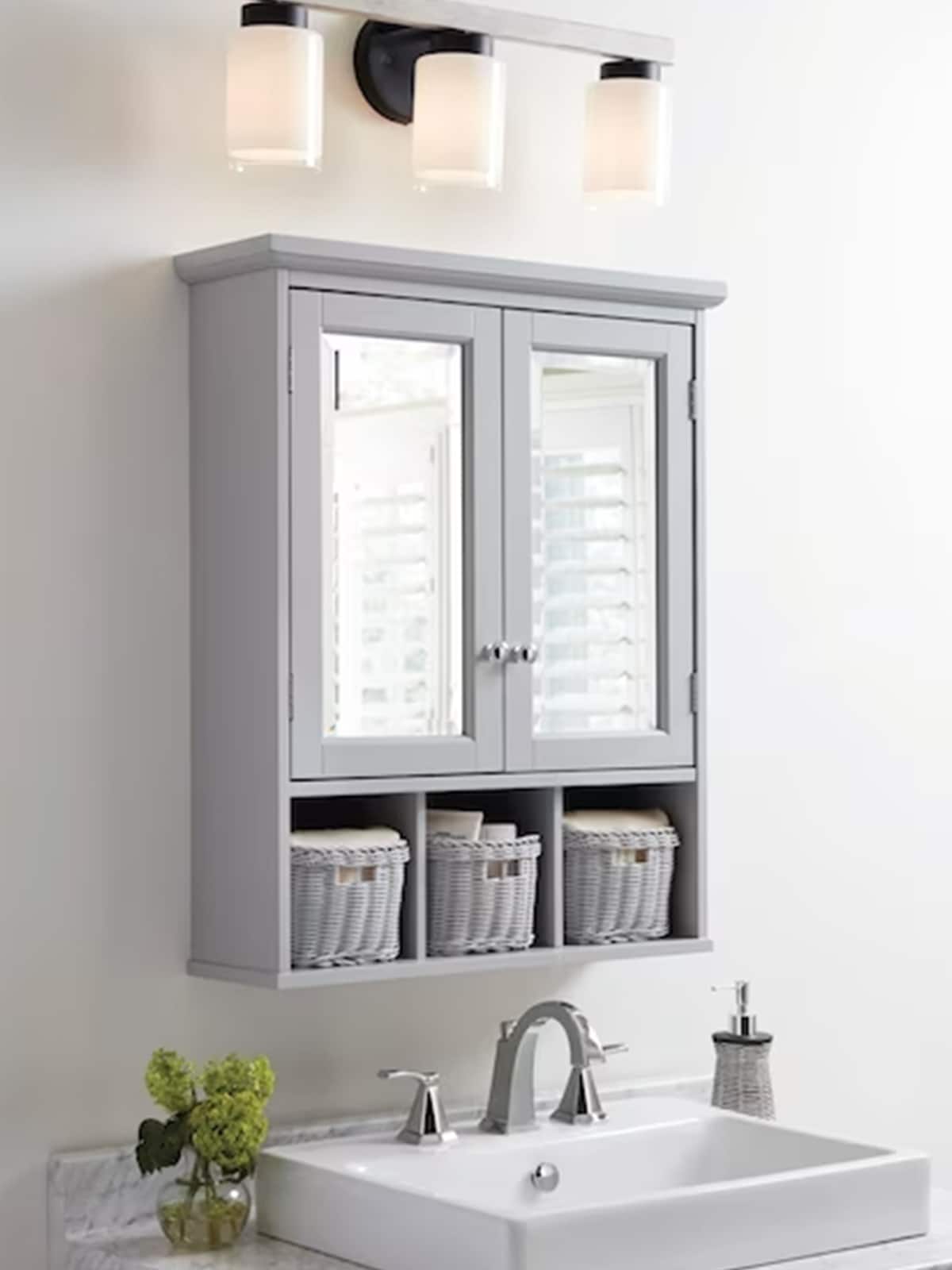 allen + roth 24.75-in x 30.25-in Surface Mount Grey Mirrored Soft Close Medicine Cabinet