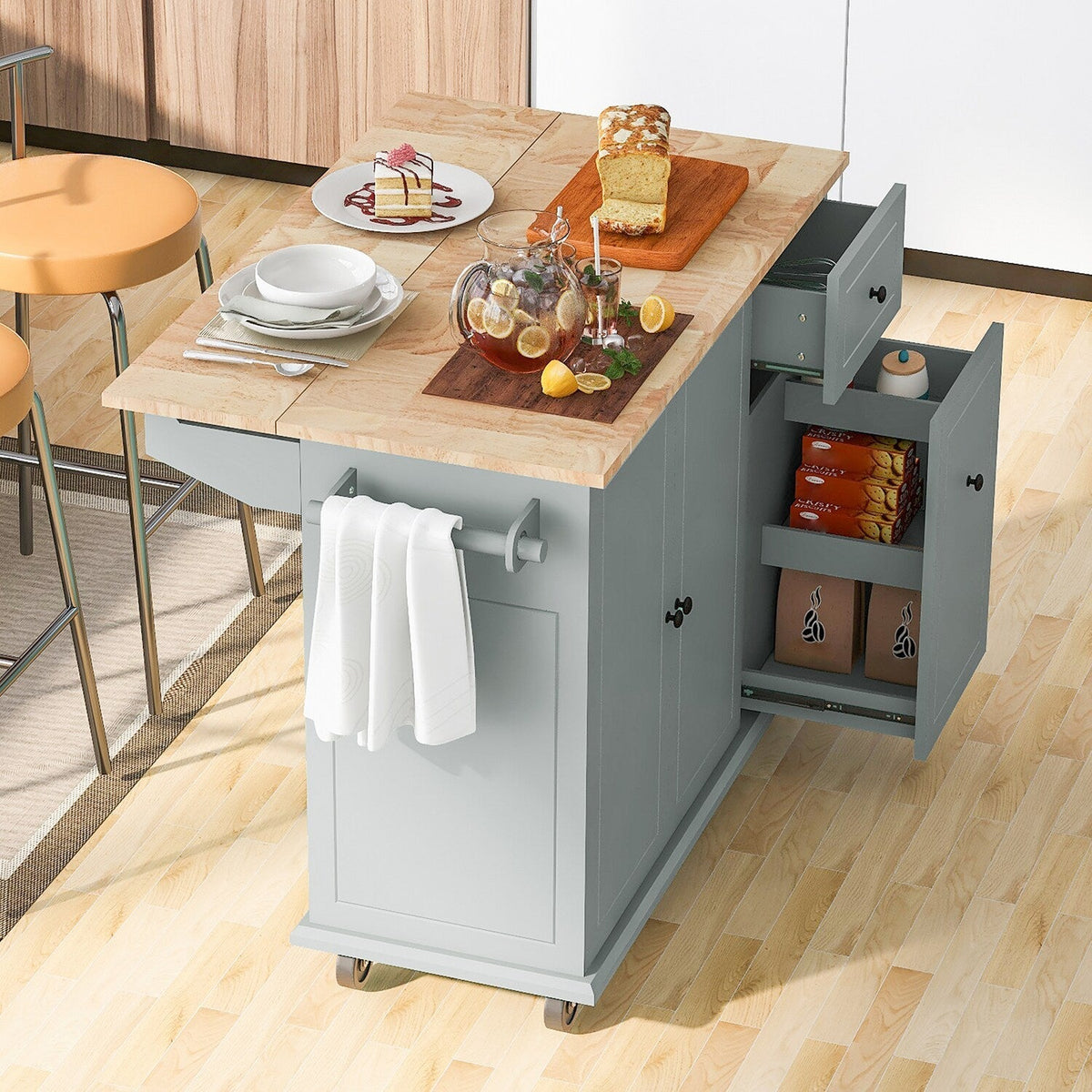 Bybafun Gray Mdf Base with Wood Top Rolling Kitchen Cart (28.7-in x 53.9-in x 36.8-in)