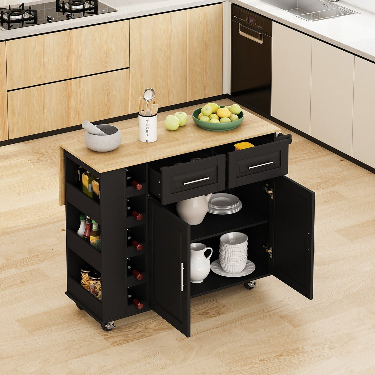 Bybafun Black Mdf Base with Wood Top Rolling Kitchen Cart (29.9-in x 46.5-in x 35.8-in)