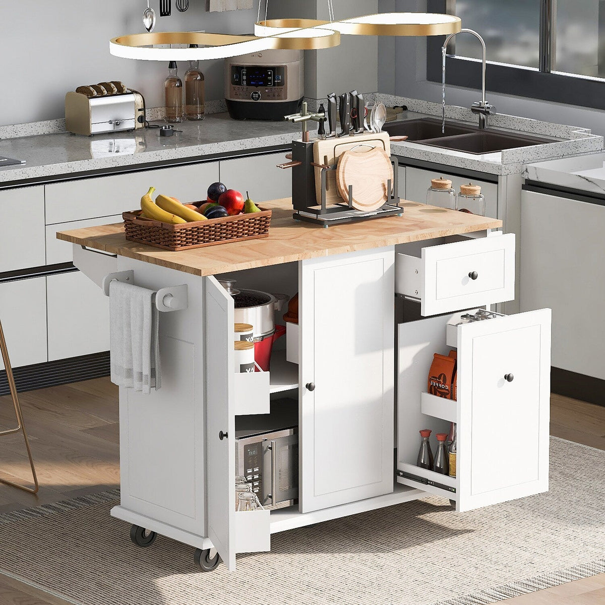 Bybafun White Mdf Base with Wood Top Rolling Kitchen Cart (28.7-in x 53.9-in x 36.8-in)
