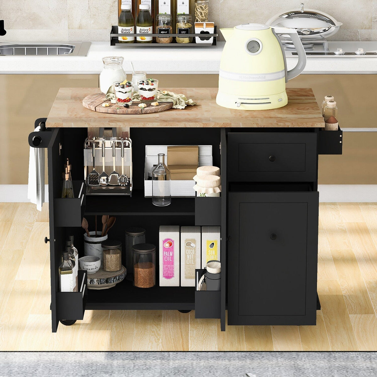 Bybafun Black Mdf Base with Wood Top Rolling Kitchen Cart (28.7-in x 53.9-in x 36.8-in)
