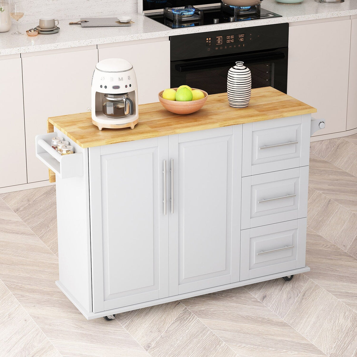 Bybafun White Mdf Base with Mdf Wood Top Rolling Kitchen Cart (29.9-in x 52-in x 35.4-in)