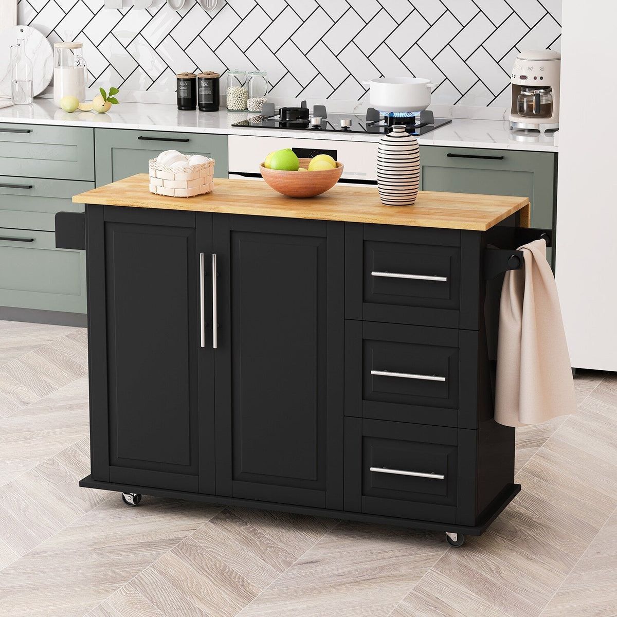 Bybafun Black Mdf Base with Mdf Wood Top Rolling Kitchen Cart (29.9-in x 52-in x 35.4-in)
