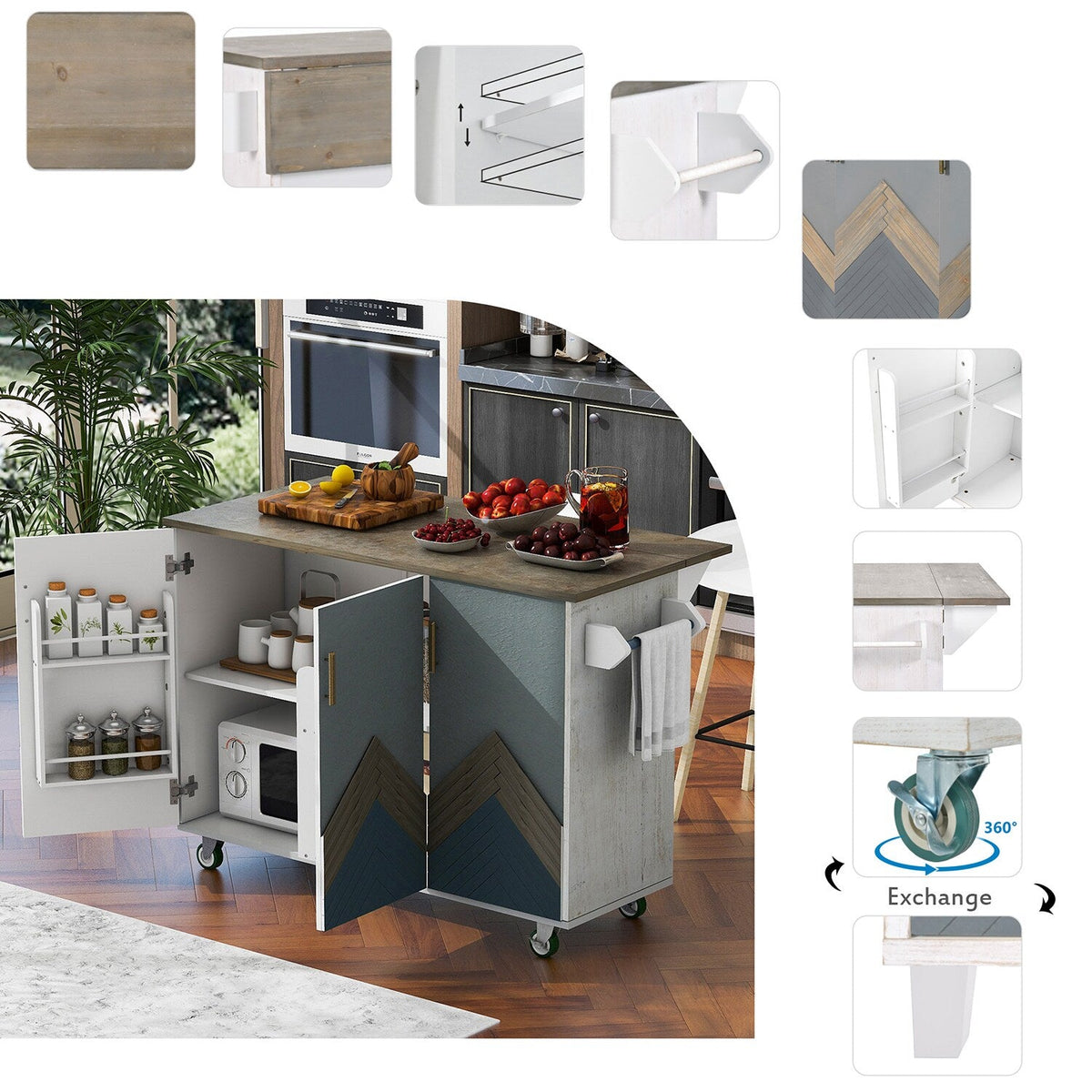 Bybafun Blue Mdf Base with Mdf Wood Top Rolling Kitchen Cart (25.7-in x 51.6-in x 36.7-in)