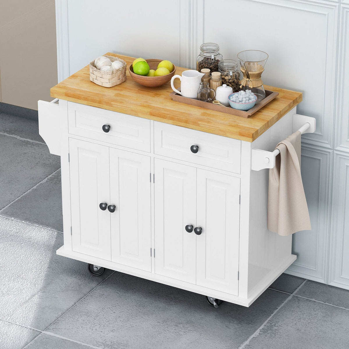 Bybafun White Mdf Base with Wood Top Rolling Kitchen Cart (17.5-in x 43.7-in x 32.5-in)