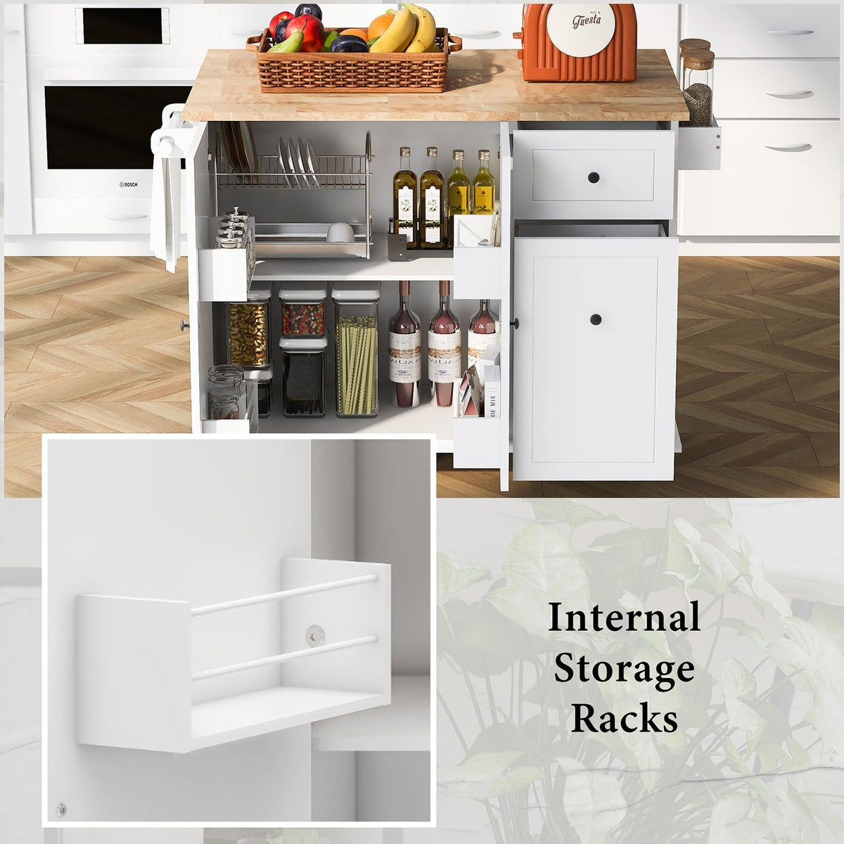 Bybafun White Mdf Base with Wood Top Rolling Kitchen Cart (28.7-in x 53.9-in x 36.8-in)