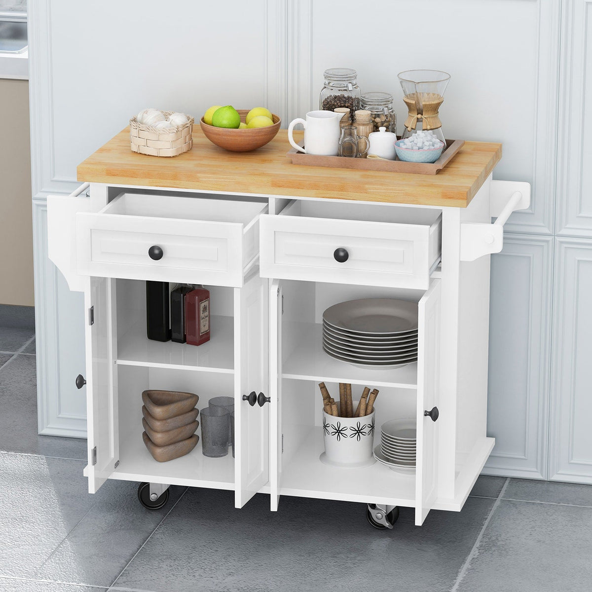 Bybafun White Mdf Base with Wood Top Rolling Kitchen Cart (17.5-in x 43.7-in x 32.5-in)