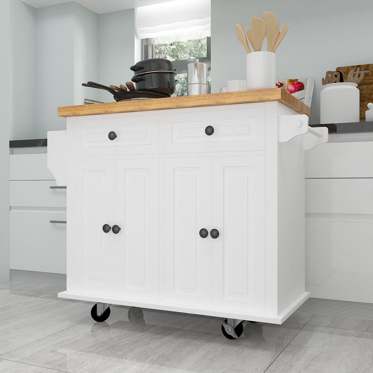 Bybafun White Mdf Base with Wood Top Rolling Kitchen Cart (17.5-in x 43.7-in x 32.5-in)