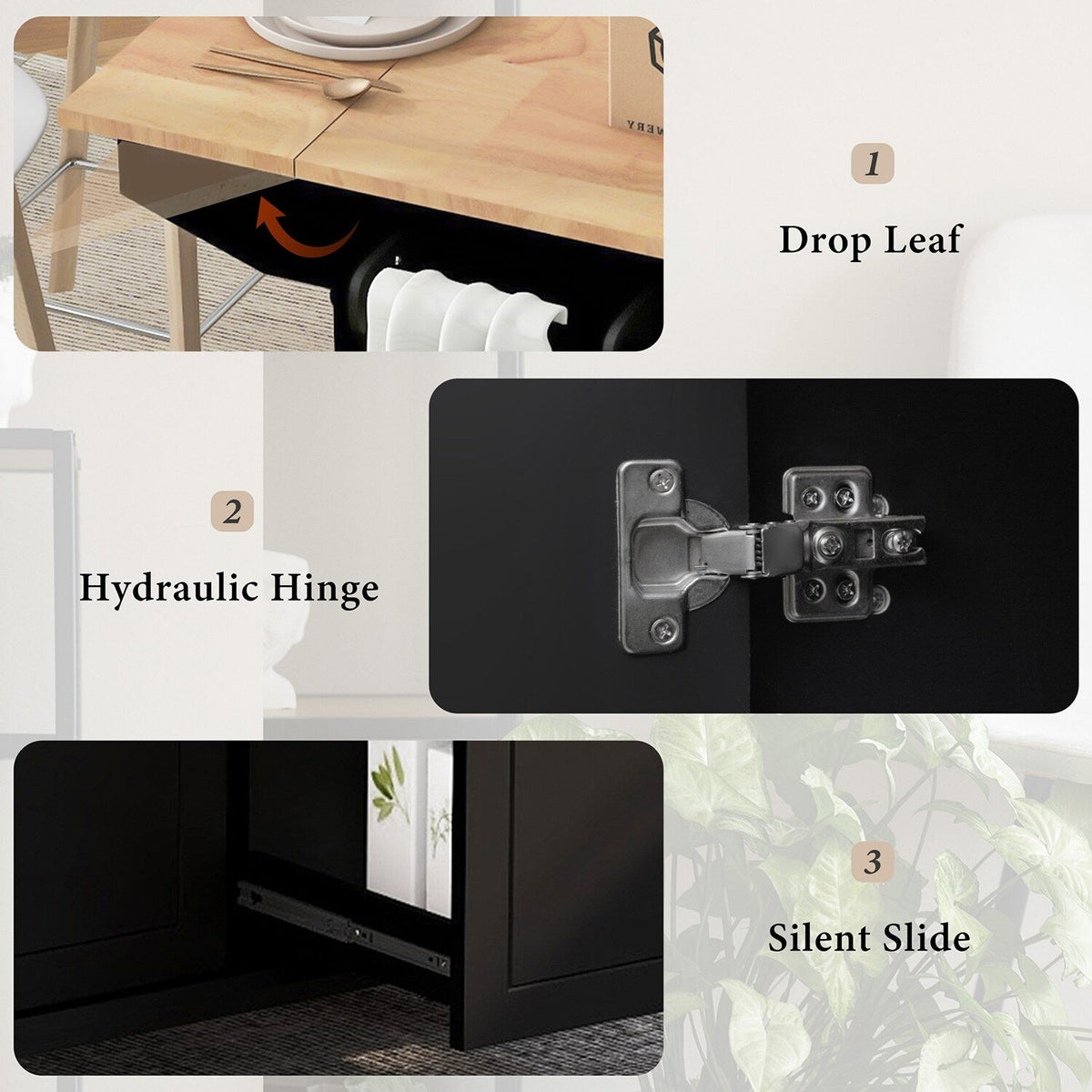 Bybafun Black Mdf Base with Wood Top Rolling Kitchen Cart (28.7-in x 53.9-in x 36.8-in)