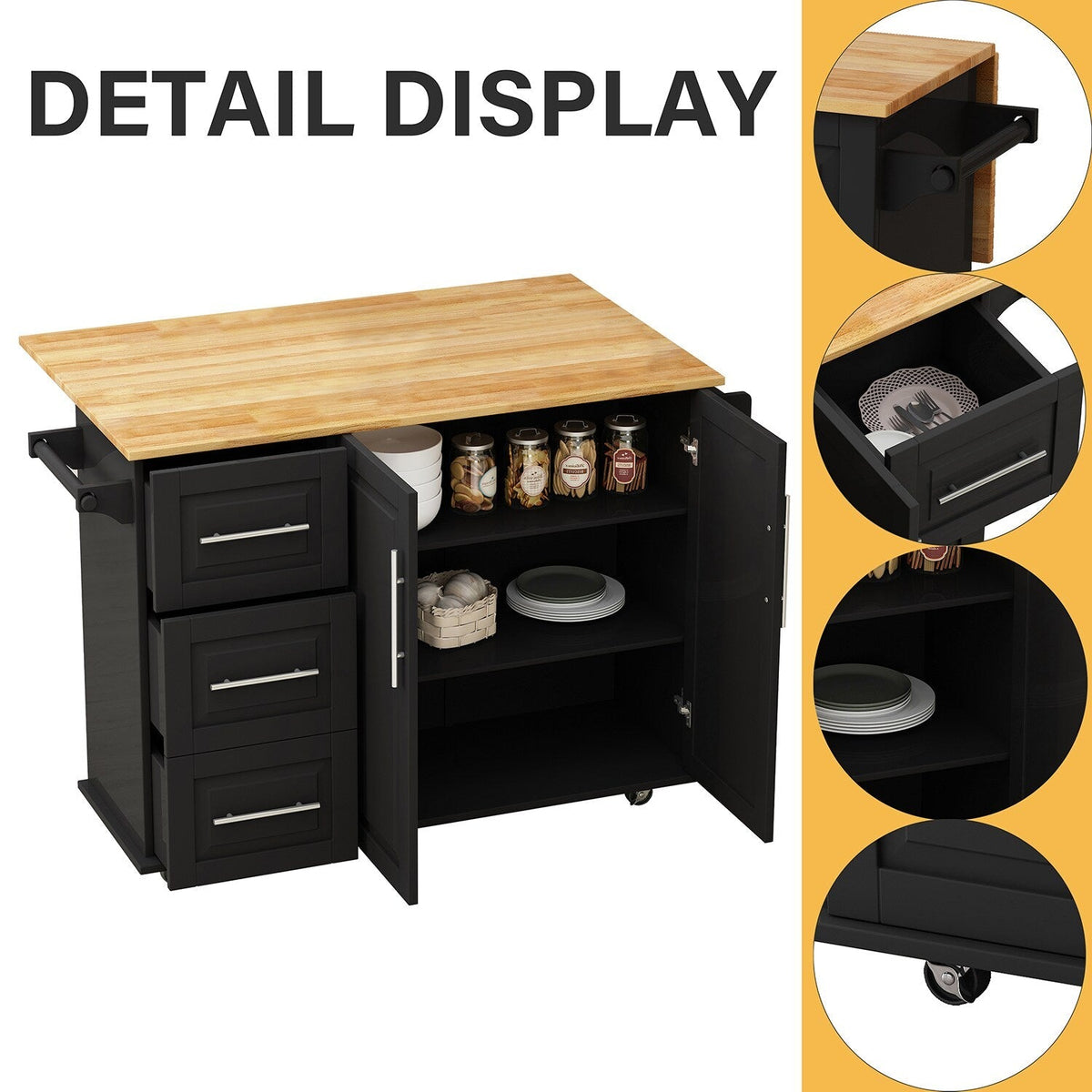 Bybafun Black Mdf Base with Mdf Wood Top Rolling Kitchen Cart (29.9-in x 52-in x 35.4-in)