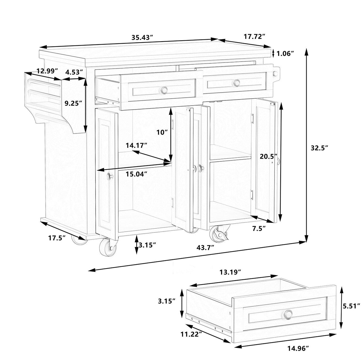 Bybafun White Mdf Base with Wood Top Rolling Kitchen Cart (17.5-in x 43.7-in x 32.5-in)