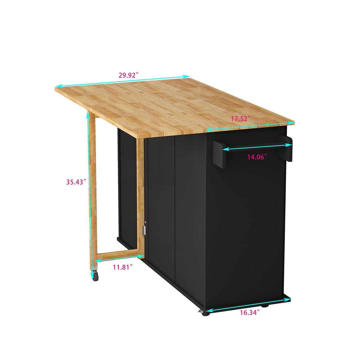 Bybafun Black Mdf Base with Mdf Wood Top Rolling Kitchen Cart (29.9-in x 52-in x 35.4-in)