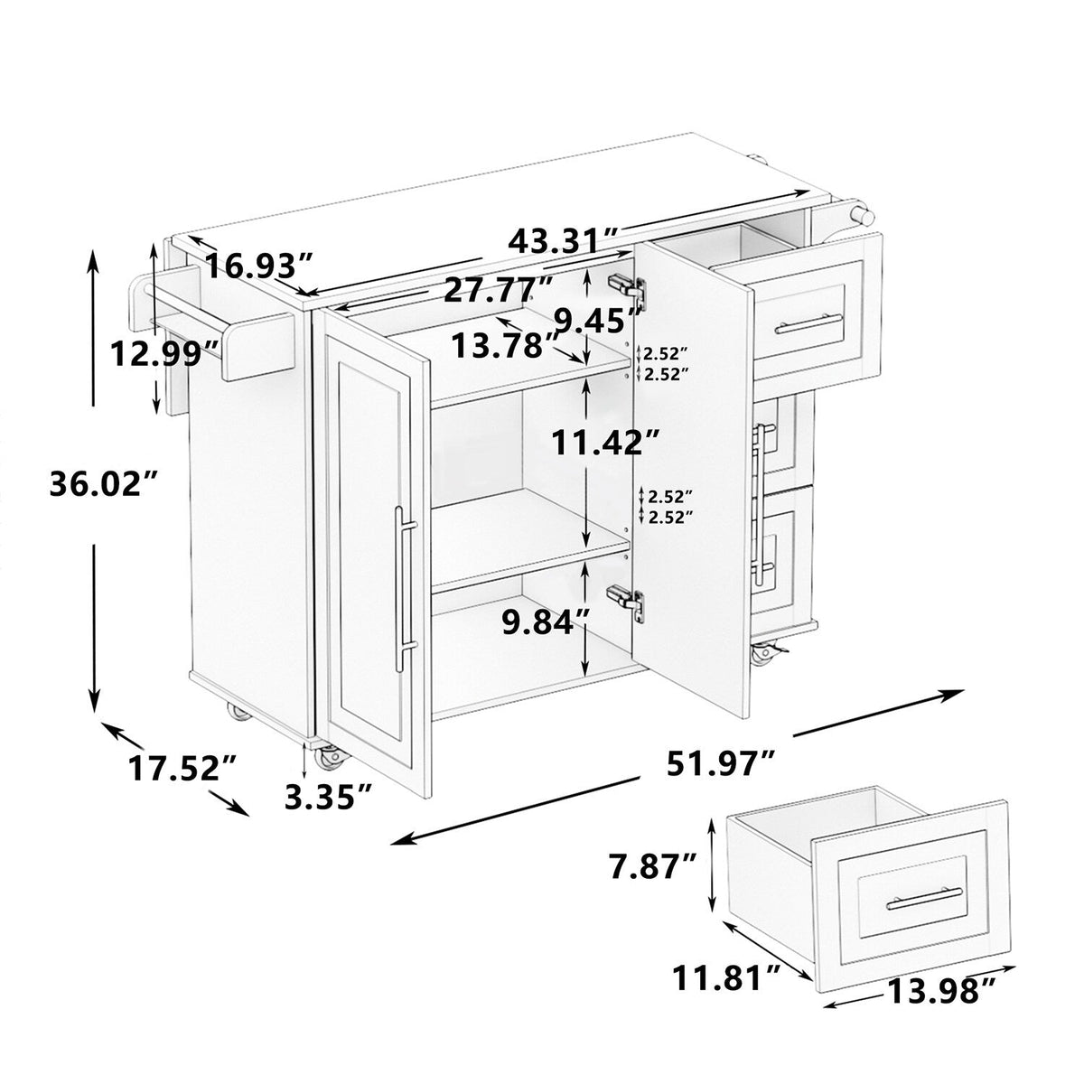 Bybafun White Mdf Base with Mdf Wood Top Rolling Kitchen Cart (29.9-in x 52-in x 35.4-in)