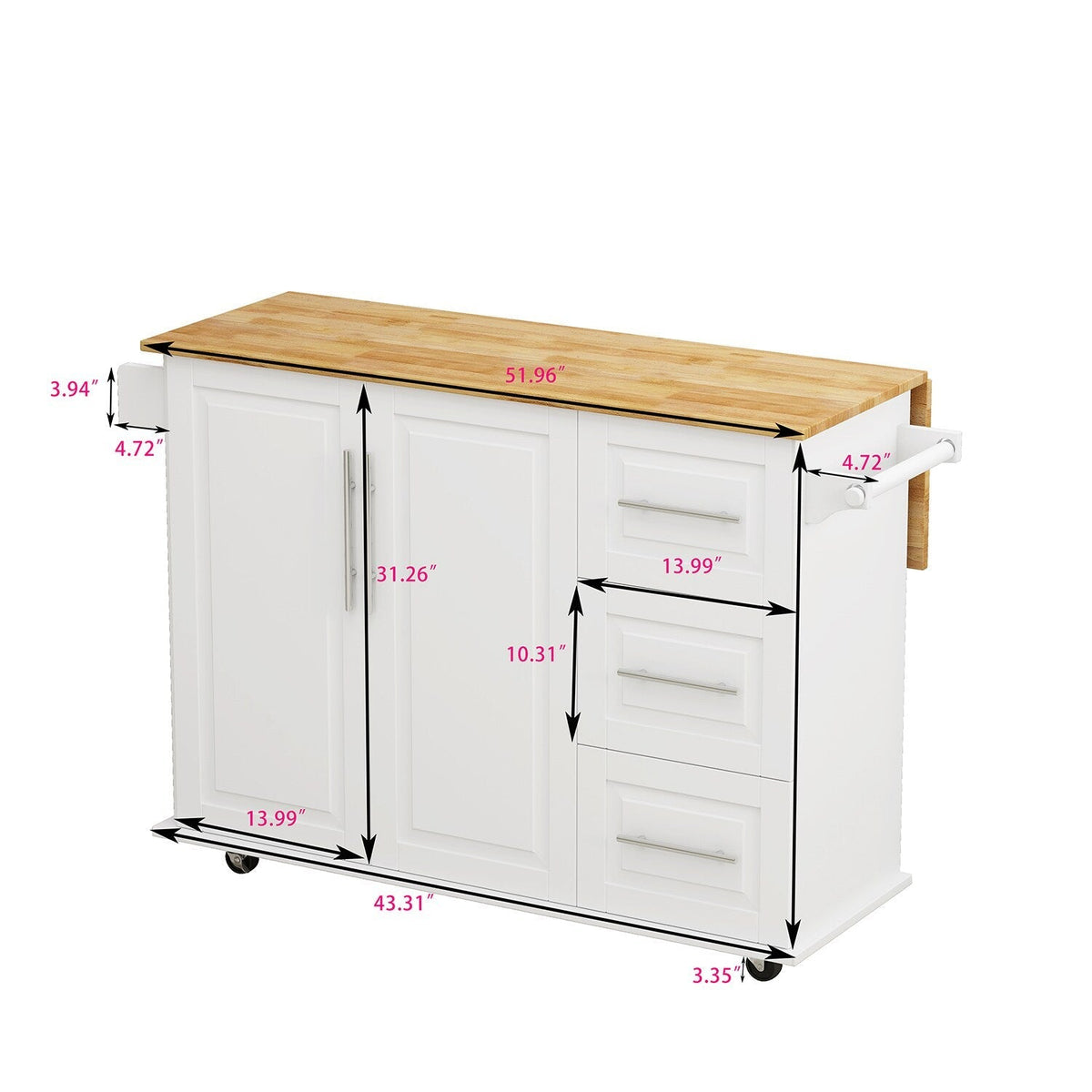 Bybafun White Mdf Base with Mdf Wood Top Rolling Kitchen Cart (29.9-in x 52-in x 35.4-in)