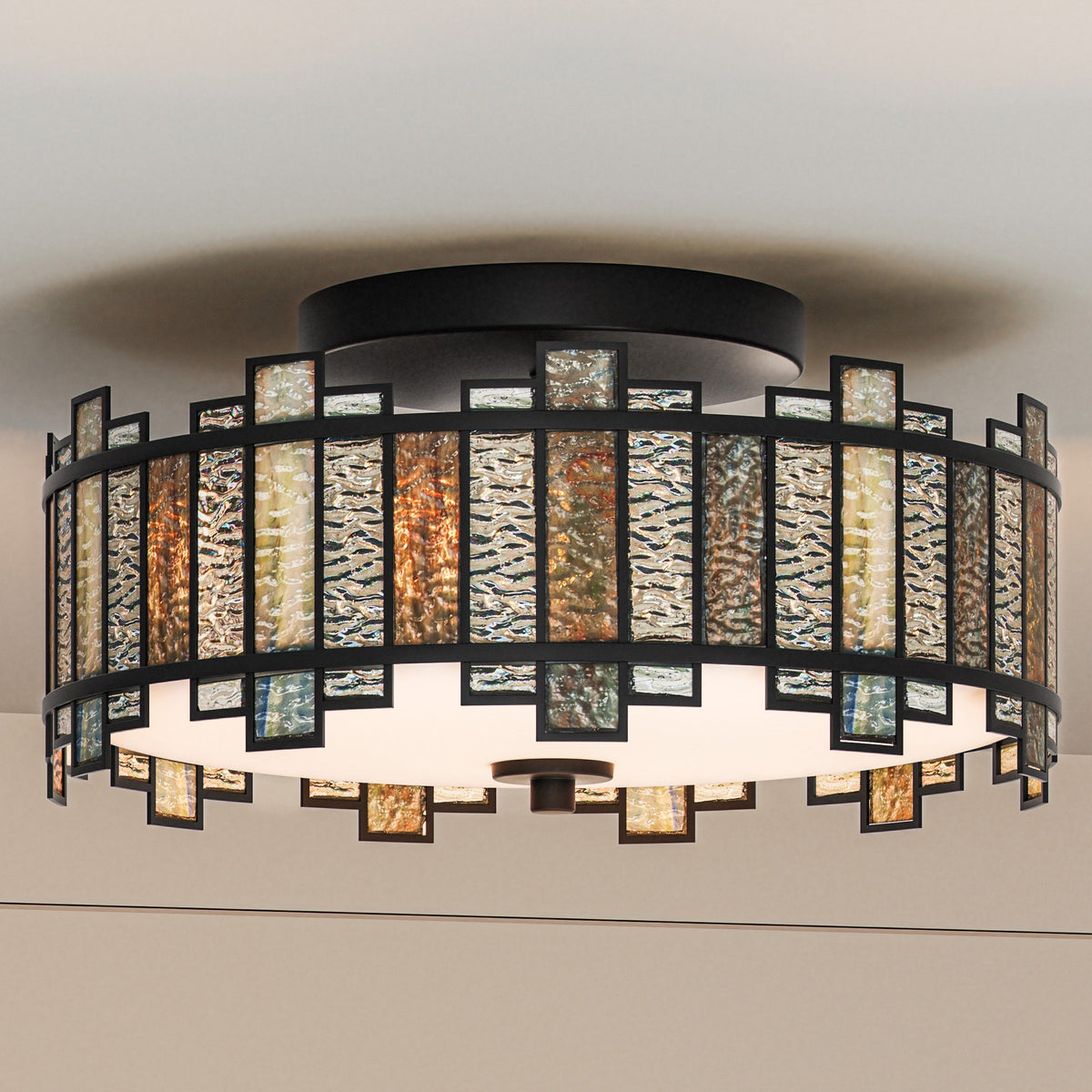 Quoizel Sentry 14-in Matte Black Tiffany Semi-Flush Mount Light