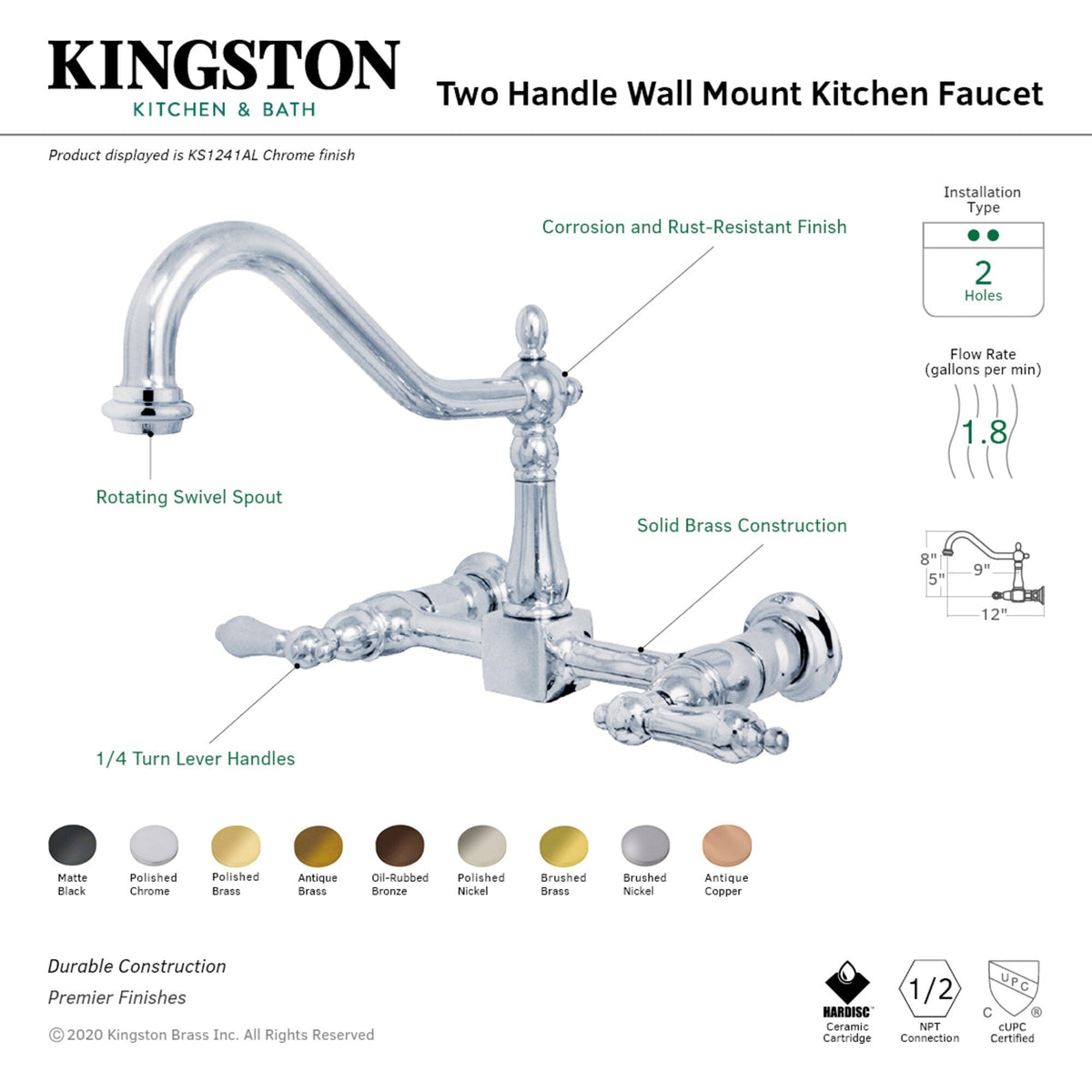 Elements of Design Chrome 2-Handle Wall-Mount Bridge Kitchen Faucet, 8-in Centerset