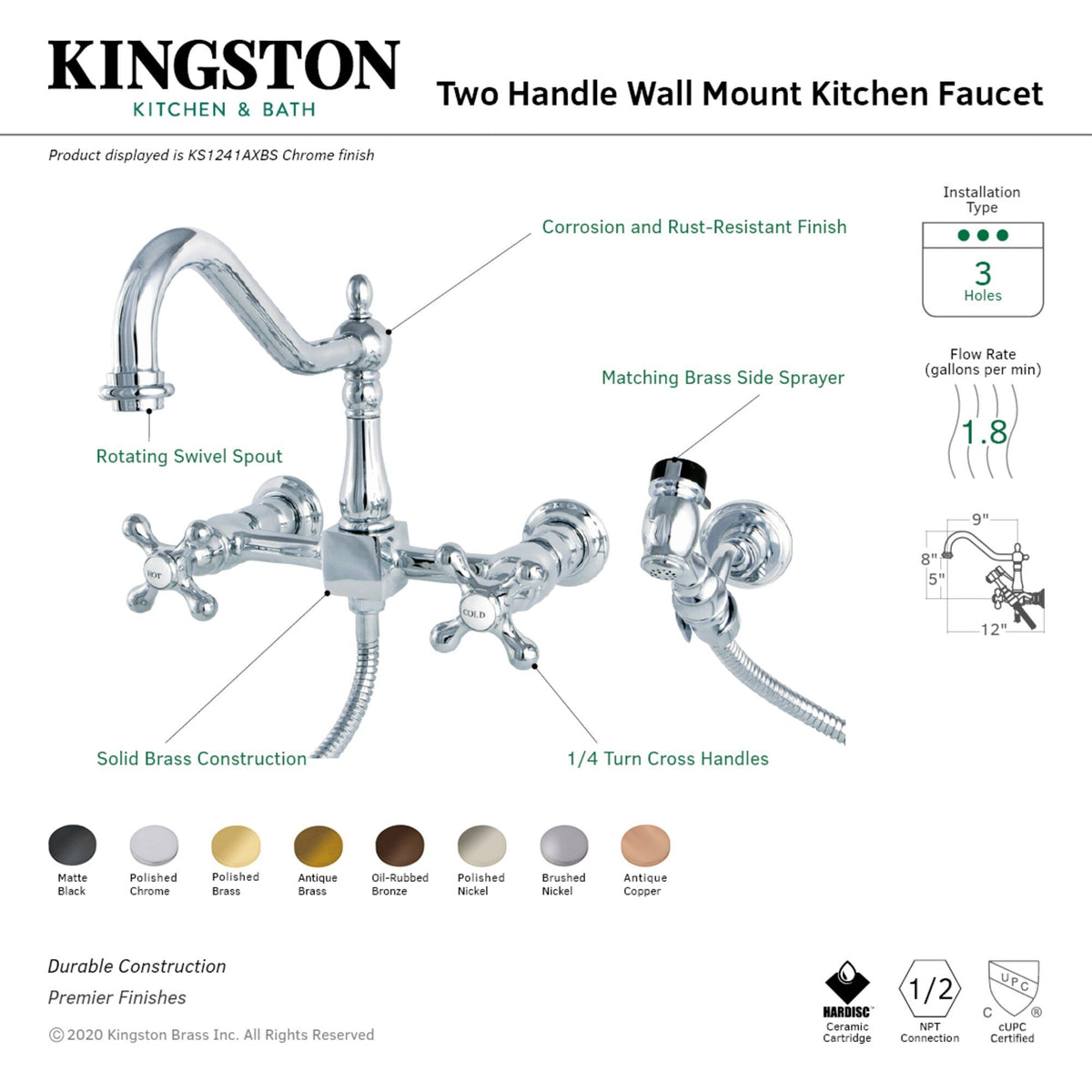 Elements of Design Oil-Rubbed Bronze 2-Handle Wall-Mount Bridge Kitchen Faucet with Side Sprayer