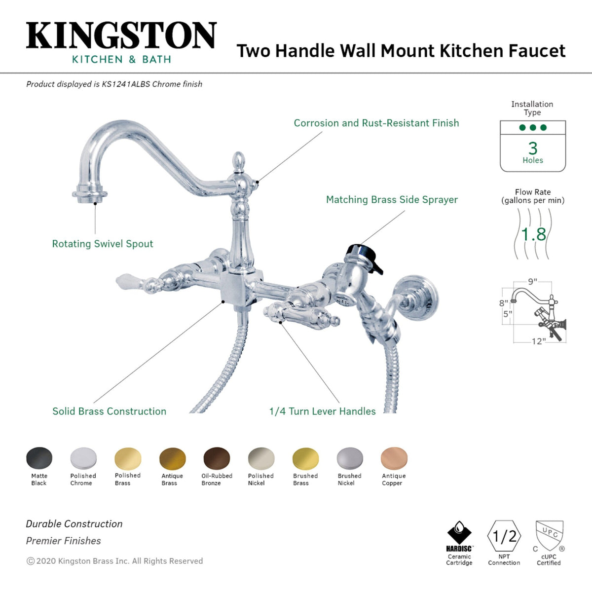 Elements of Design Chrome 2‑Handle Wall‑Mount Bridge Kitchen Faucet with Side Sprayer