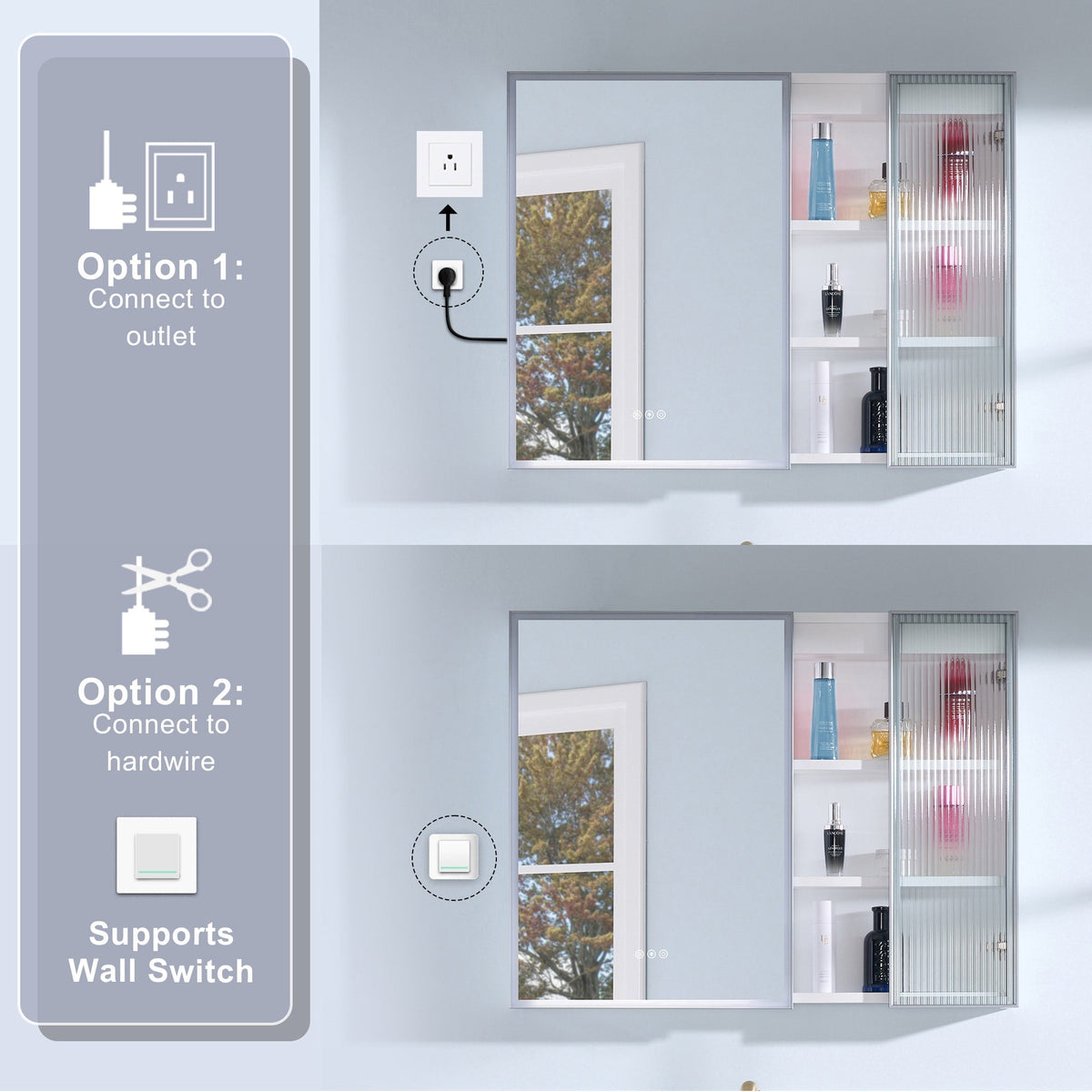 Forclover 36-in x 28-in Lighted LED Fog Free Surface Mount White Mirrored Soft Close Medicine Cabinet with Outlet