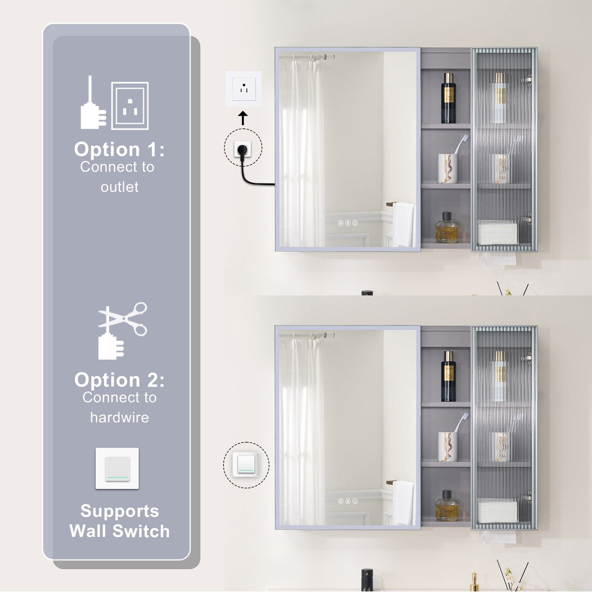 Forclover 36-in x 28-in Lighted LED Fog Free Surface Mount Gray Mirrored Soft Close Medicine Cabinet with Outlet