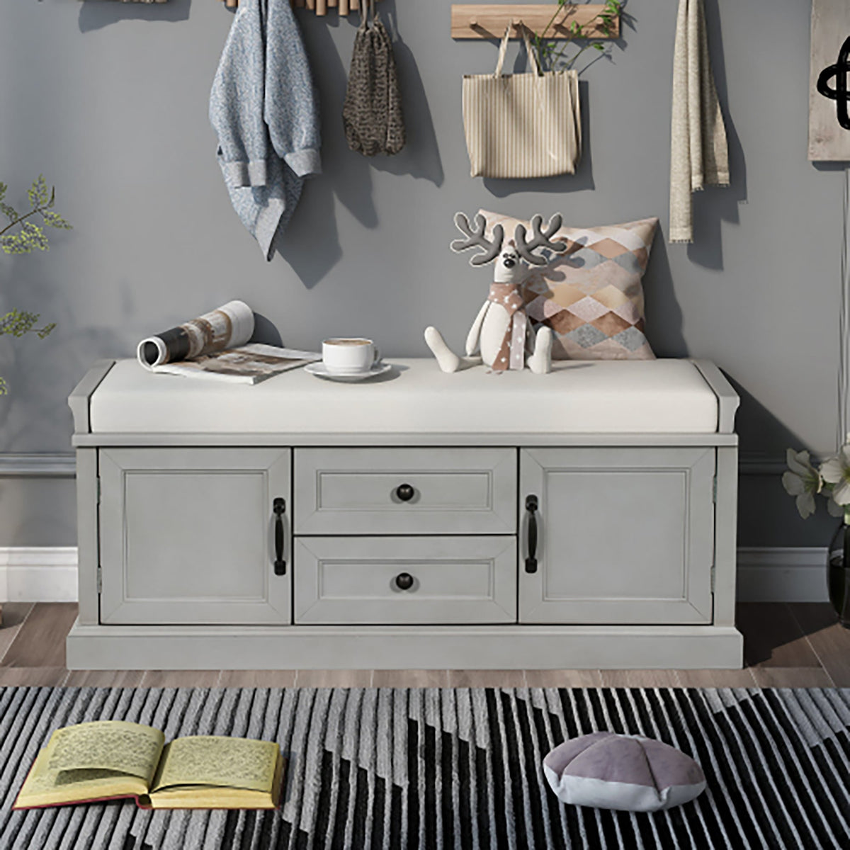 GZMR Storage Bench with 2 Drawers and 2 Cabinets Modern Gray Storage Bench with Storage 42.5-in x 15.1-in x 17.5-in