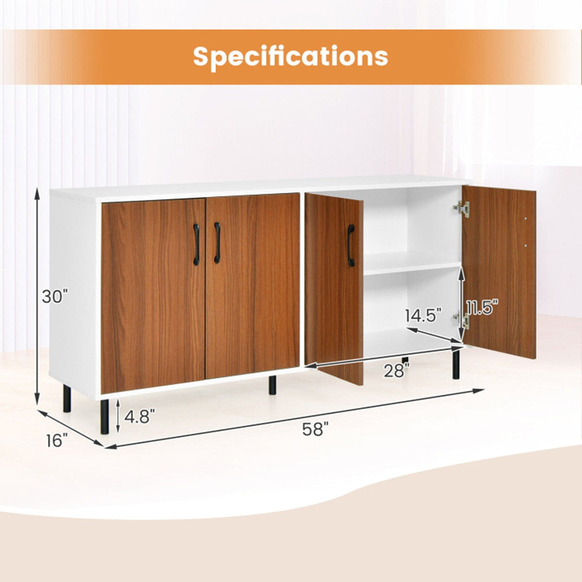 Clihome storage kitchen side cabinet 58-in W x 30-in H x 16-in D White and Brown Base Ready To Assemble Cabinet (Flat Panel Slab Door Style)