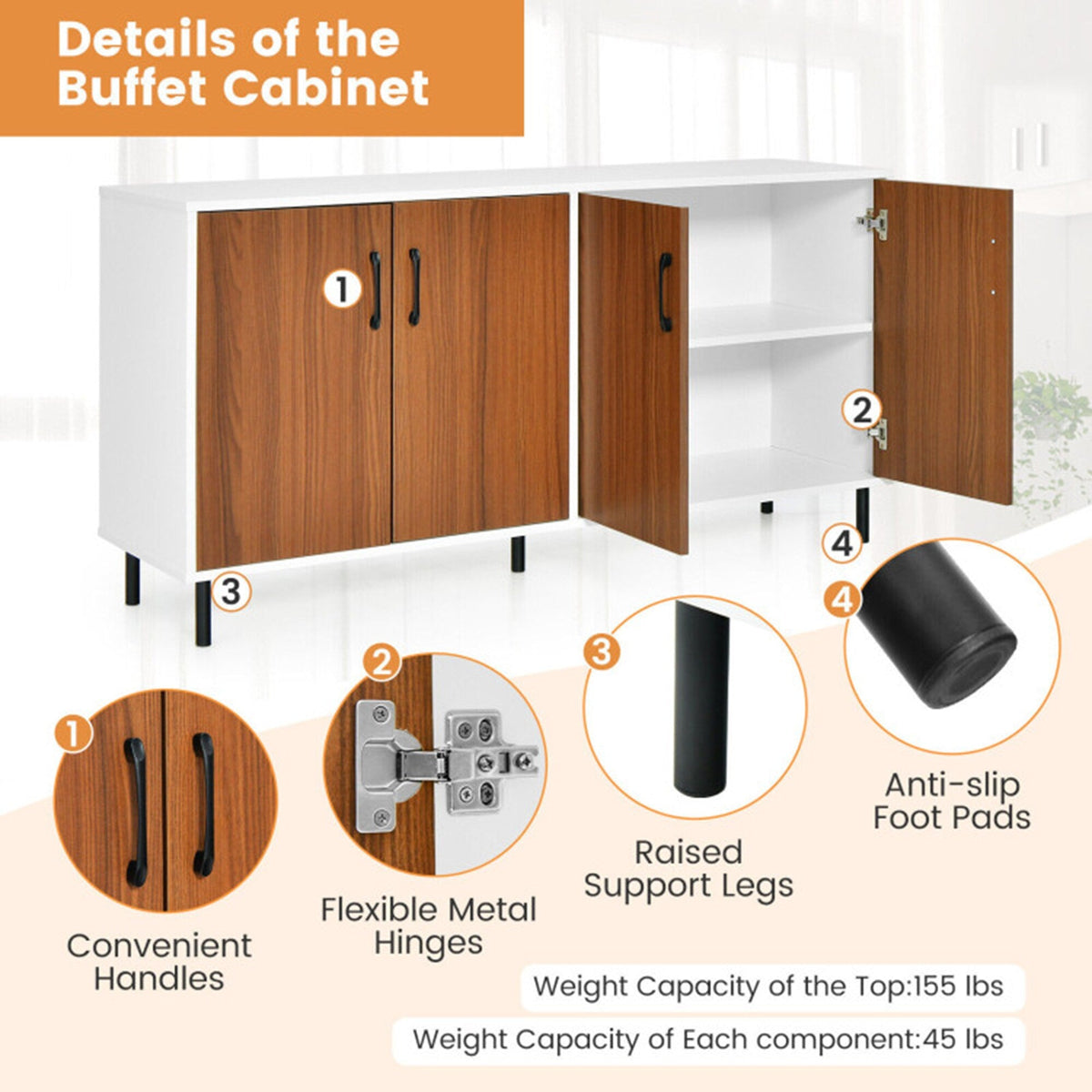 Clihome storage kitchen side cabinet 58-in W x 30-in H x 16-in D White and Brown Base Ready To Assemble Cabinet (Flat Panel Slab Door Style)