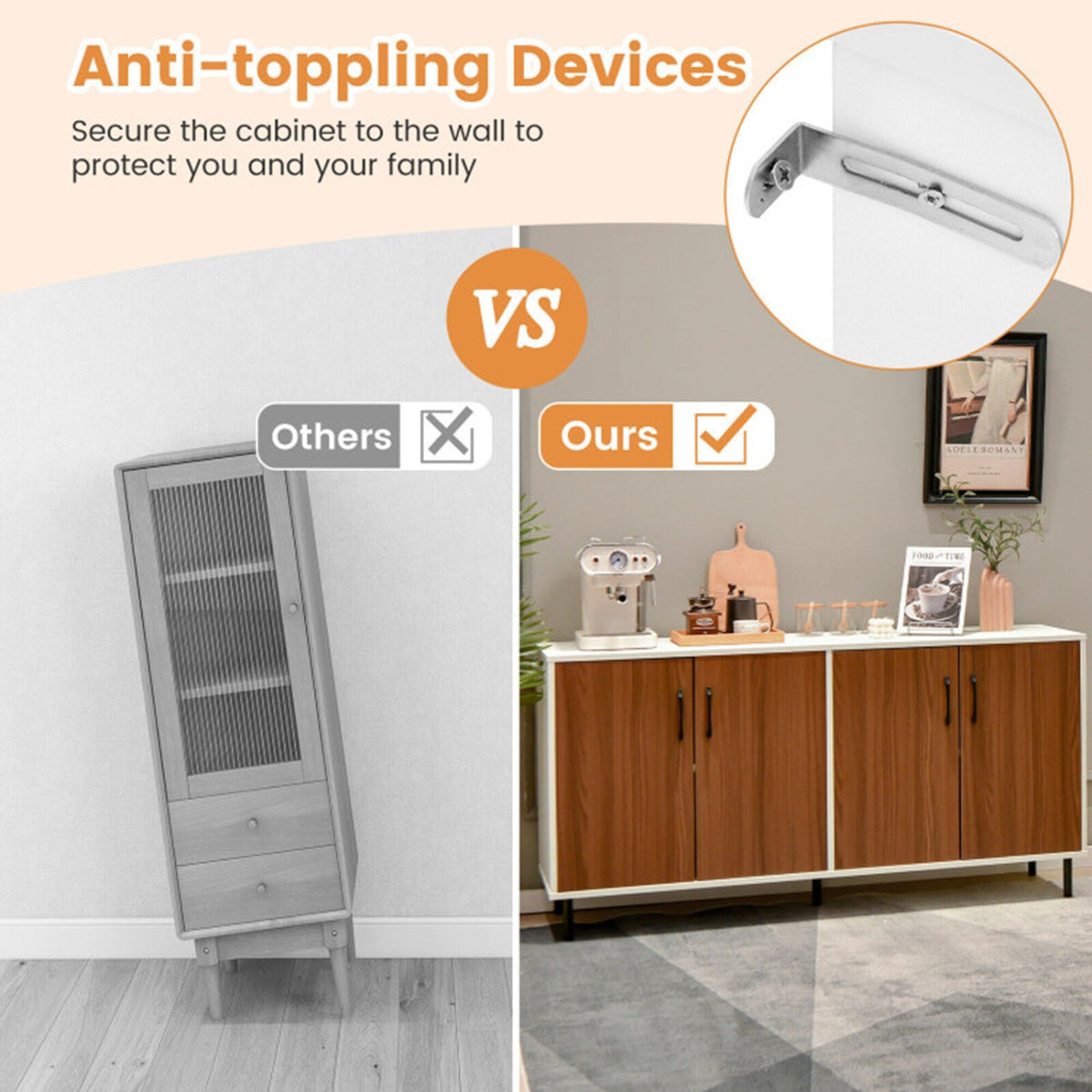 Clihome storage kitchen side cabinet 58-in W x 30-in H x 16-in D White and Brown Base Ready To Assemble Cabinet (Flat Panel Slab Door Style)
