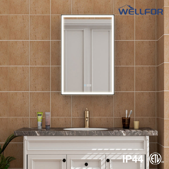 WELLFOR AYLA 20-in x 30-in Lighted LED Fog Free Surface/Recessed Mount Black Soft Close Medicine Cabinet with Outlet