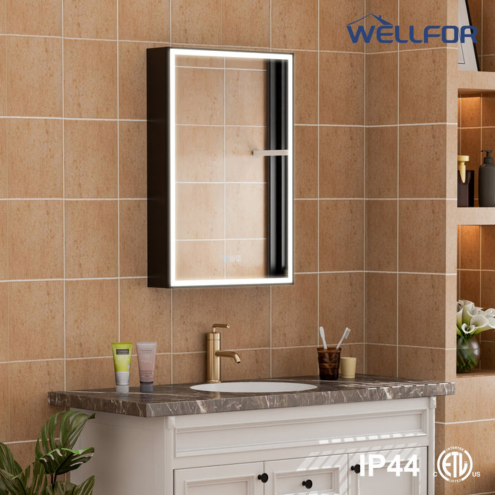 WELLFOR AYLA 20-in x 30-in Lighted LED Fog Free Surface/Recessed Mount Black Soft Close Medicine Cabinet with Outlet