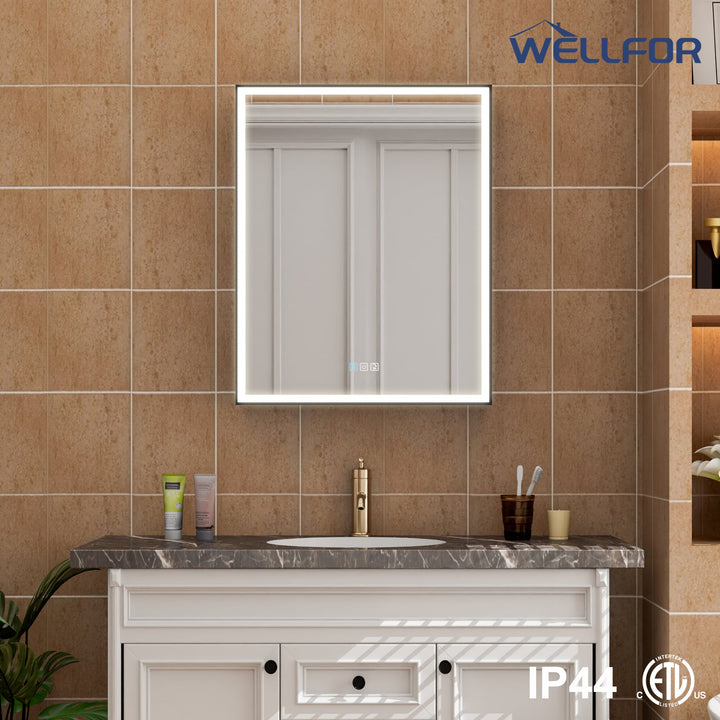 WELLFOR AYLA 24-in x 30-in Lighted LED Fog Free Surface/Recessed Mount Black Soft Close Medicine Cabinet with Outlet