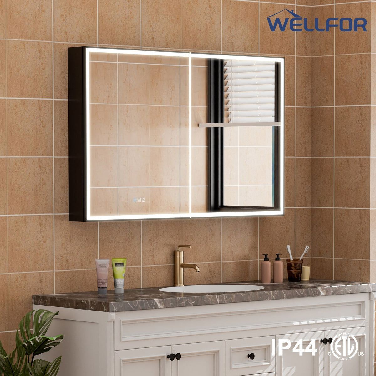WELLFOR AYLA 48-in x 30-in Lighted LED Fog Free Surface/Recessed Mount Black Soft Close Medicine Cabinet with Outlet
