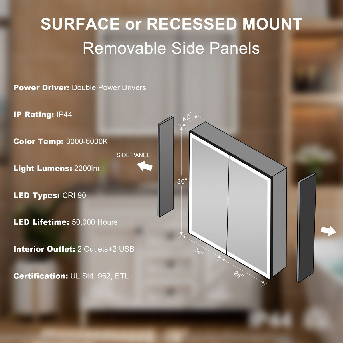 WELLFOR AYLA 48-in x 30-in Lighted LED Fog Free Surface/Recessed Mount Black Soft Close Medicine Cabinet with Outlet