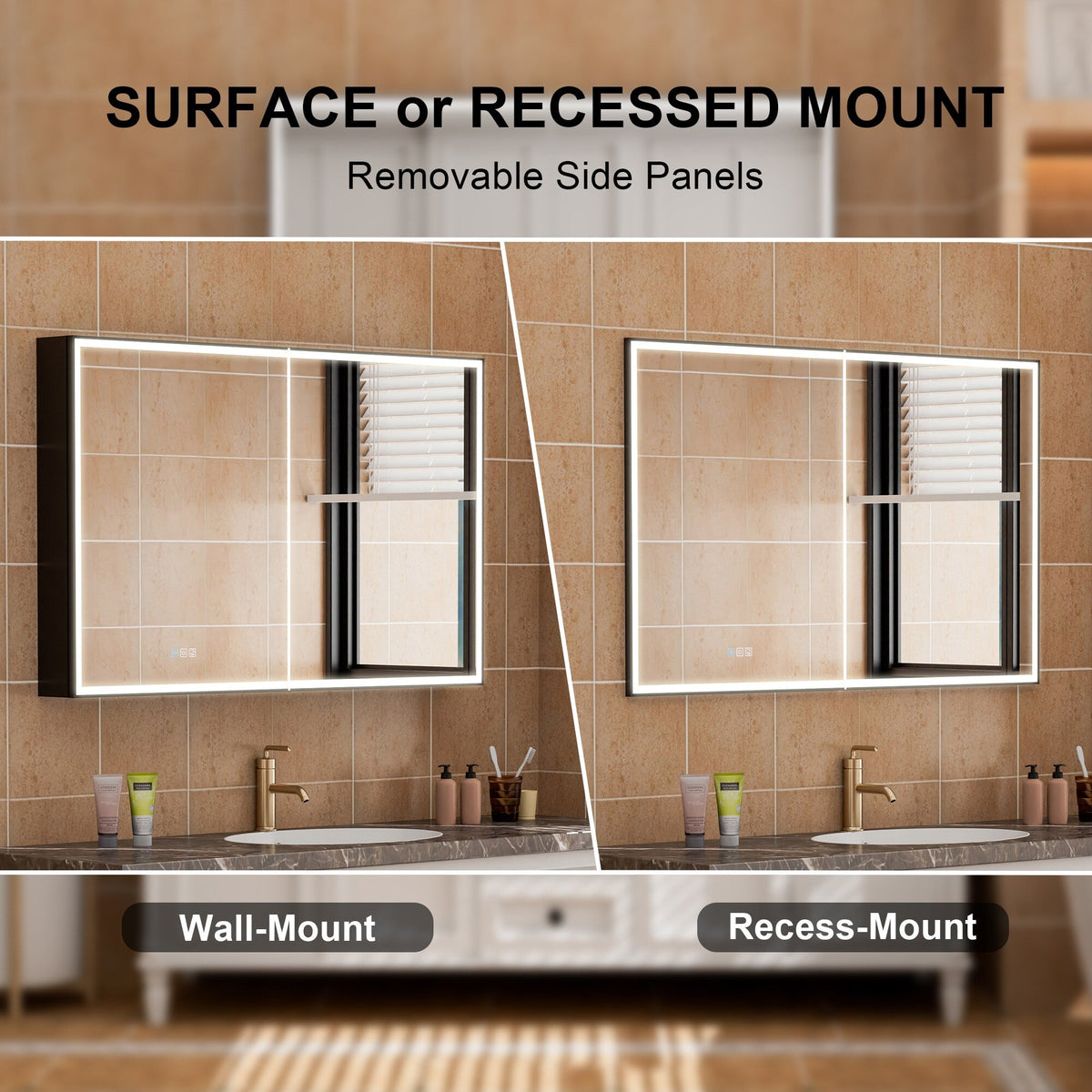 WELLFOR AYLA 48-in x 30-in Lighted LED Fog Free Surface/Recessed Mount Black Soft Close Medicine Cabinet with Outlet